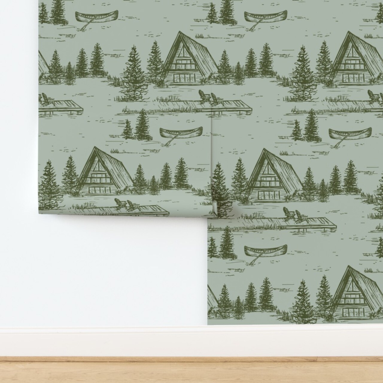 Vintage Retro Cabin Lake House Rustic Toile A Frame Summer Home Lodge Moody Camp Trees Canoe Outdoors Nature Large Scale Monochrome Custom Removable Wallpaper by Spoonflower Peel & Stick Wallpaper 2FT Wide